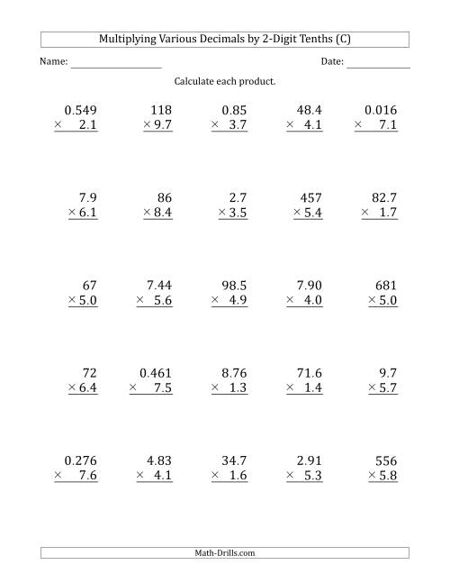The Multiplying Various Decimals by 2-Digit Tenths (C) Math Worksheet