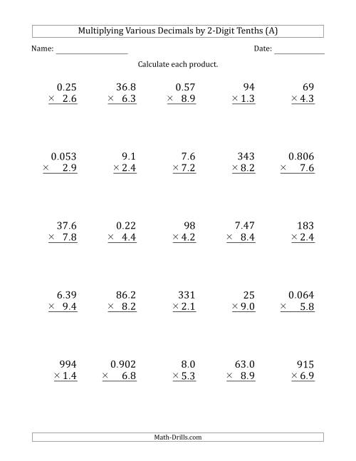The Multiplying Various Decimals by 2-Digit Tenths (All) Math Worksheet