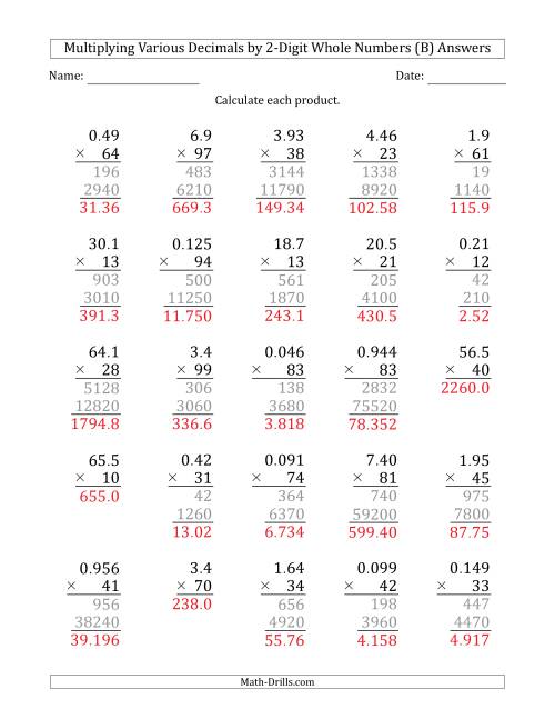 multiplying various decimals by 2 digit whole numbers b