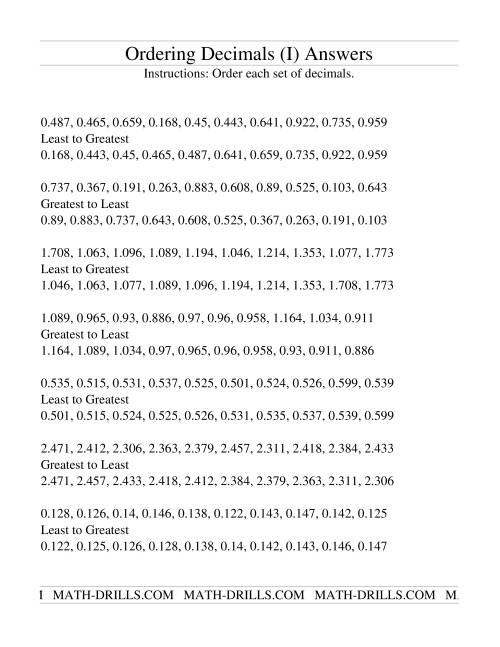The Ordering Decimal Thousandths (I) Math Worksheet Page 2