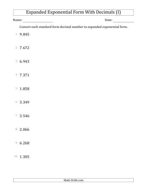 The Converting Standard Form Decimals to Expanded Exponential Form (1-Digit Before the Decimal; 3-Digits After the Decimal) (I) Math Worksheet
