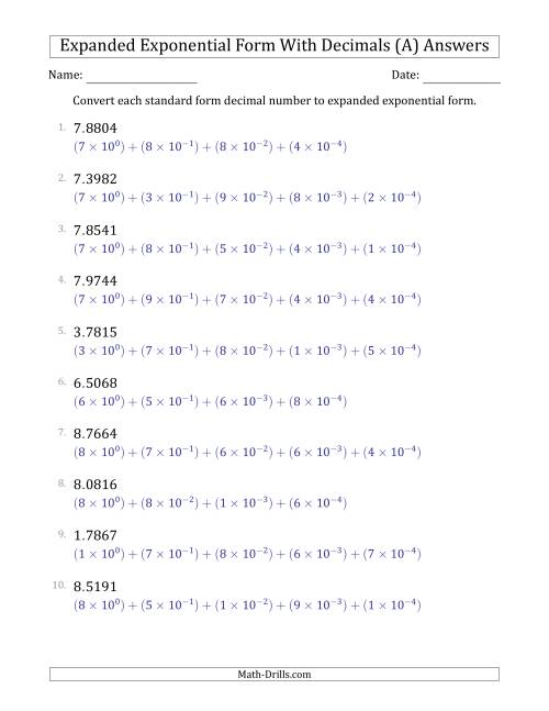 The Converting Standard Form Decimals to Expanded Exponential Form (1-Digit Before the Decimal; 4-Digits After the Decimal) (A) Math Worksheet Page 2
