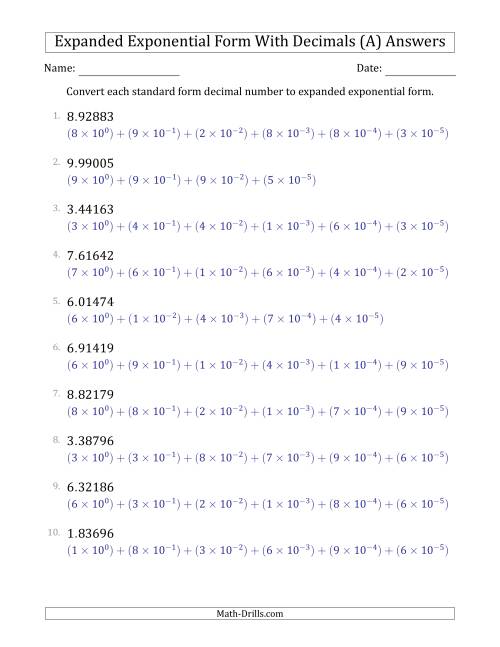 The Converting Standard Form Decimals to Expanded Exponential Form (1-Digit Before the Decimal; 5-Digits After the Decimal) (A) Math Worksheet Page 2