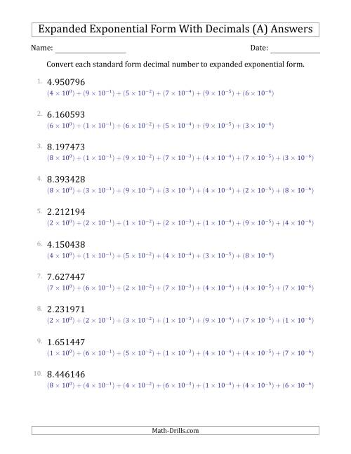 The Converting Standard Form Decimals to Expanded Exponential Form (1-Digit Before the Decimal; 6-Digits After the Decimal) (A) Math Worksheet Page 2