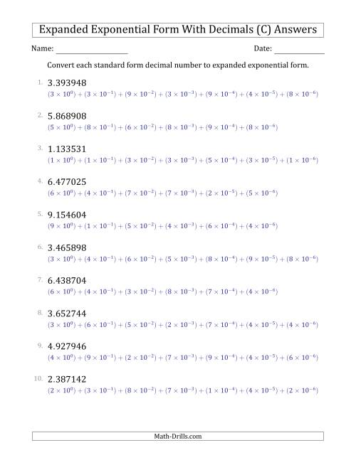 The Converting Standard Form Decimals to Expanded Exponential Form (1-Digit Before the Decimal; 6-Digits After the Decimal) (C) Math Worksheet Page 2