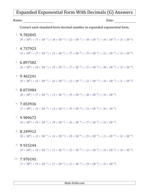 The Converting Standard Form Decimals to Expanded Exponential Form (1-Digit Before the Decimal; 6-Digits After the Decimal) (G) Math Worksheet Page 2