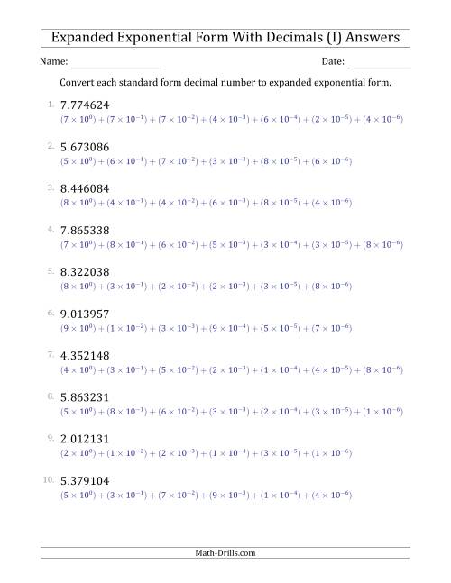 The Converting Standard Form Decimals to Expanded Exponential Form (1-Digit Before the Decimal; 6-Digits After the Decimal) (I) Math Worksheet Page 2