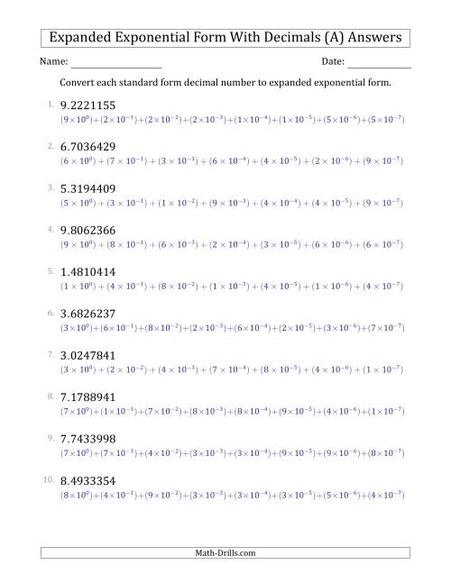 The Converting Standard Form Decimals to Expanded Exponential Form (1-Digit Before the Decimal; 7-Digits After the Decimal) (A) Math Worksheet Page 2