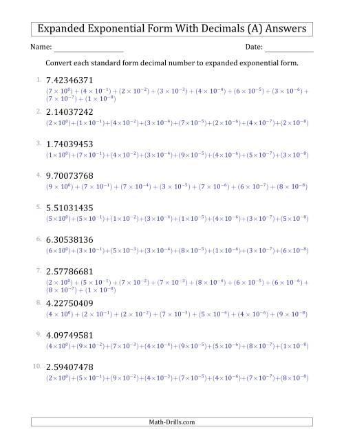The Converting Standard Form Decimals to Expanded Exponential Form (1-Digit Before the Decimal; 8-Digits After the Decimal) (A) Math Worksheet Page 2