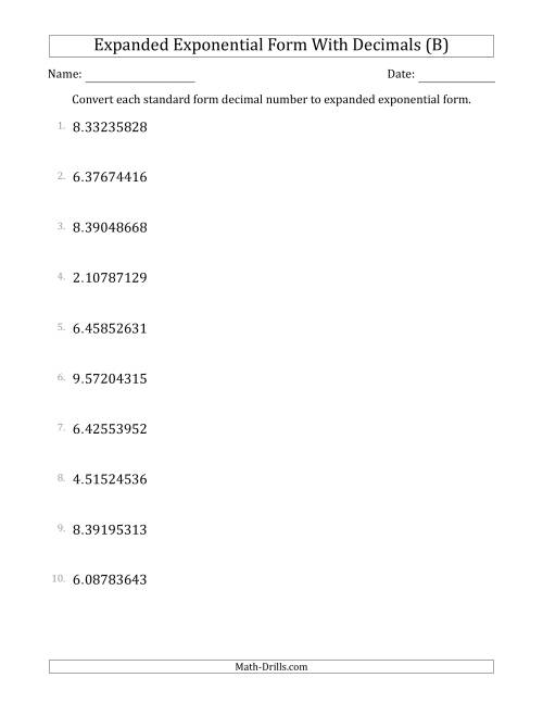 The Converting Standard Form Decimals to Expanded Exponential Form (1-Digit Before the Decimal; 8-Digits After the Decimal) (B) Math Worksheet