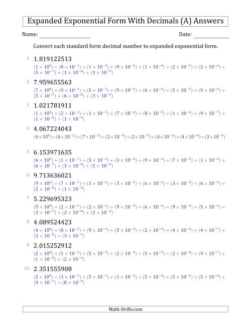 The Converting Standard Form Decimals to Expanded Exponential Form (1-Digit Before the Decimal; 9-Digits After the Decimal) (A) Math Worksheet Page 2