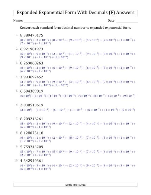 The Converting Standard Form Decimals to Expanded Exponential Form (1-Digit Before the Decimal; 9-Digits After the Decimal) (F) Math Worksheet Page 2