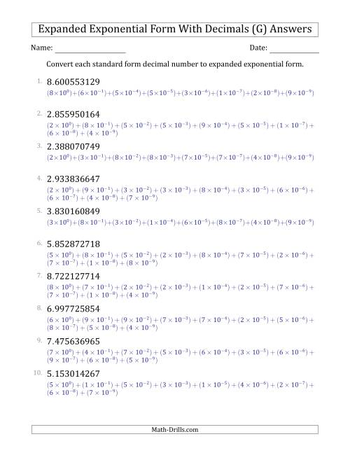 The Converting Standard Form Decimals to Expanded Exponential Form (1-Digit Before the Decimal; 9-Digits After the Decimal) (G) Math Worksheet Page 2