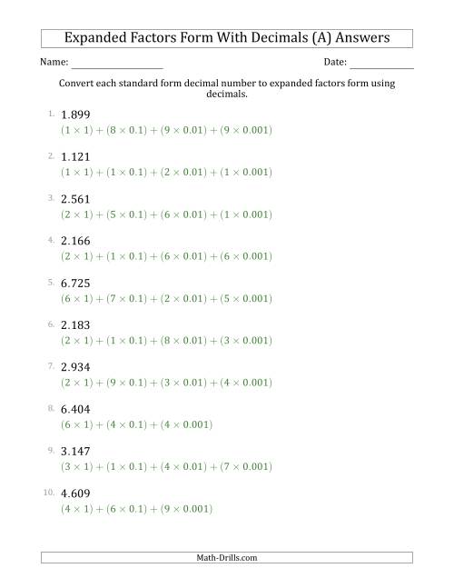 The Converting Standard Form Decimals to Expanded Factors Form Using Decimals (1-Digit Before the Decimal; 3-Digits After the Decimal) (A) Math Worksheet Page 2