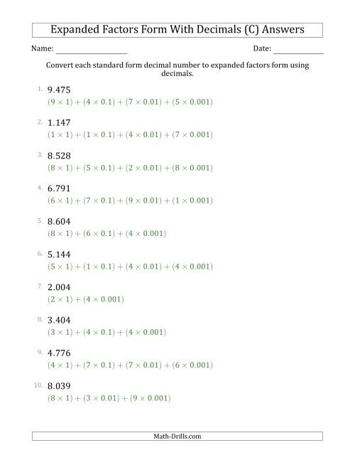 The Converting Standard Form Decimals to Expanded Factors Form Using Decimals (1-Digit Before the Decimal; 3-Digits After the Decimal) (C) Math Worksheet Page 2