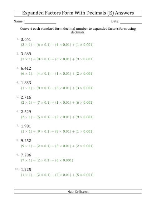 The Converting Standard Form Decimals to Expanded Factors Form Using Decimals (1-Digit Before the Decimal; 3-Digits After the Decimal) (E) Math Worksheet Page 2