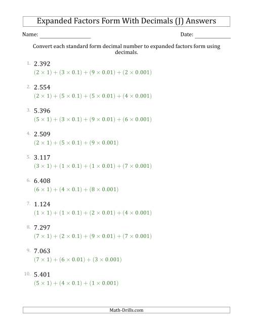 The Converting Standard Form Decimals to Expanded Factors Form Using Decimals (1-Digit Before the Decimal; 3-Digits After the Decimal) (J) Math Worksheet Page 2