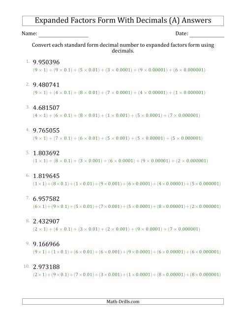 The Converting Standard Form Decimals to Expanded Factors Form Using Decimals (1-Digit Before the Decimal; 6-Digits After the Decimal) (A) Math Worksheet Page 2
