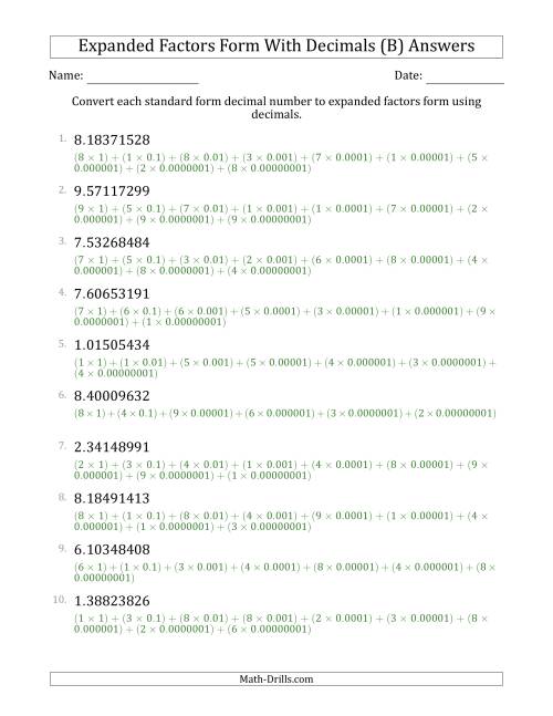 The Converting Standard Form Decimals to Expanded Factors Form Using Decimals (1-Digit Before the Decimal; 8-Digits After the Decimal) (B) Math Worksheet Page 2