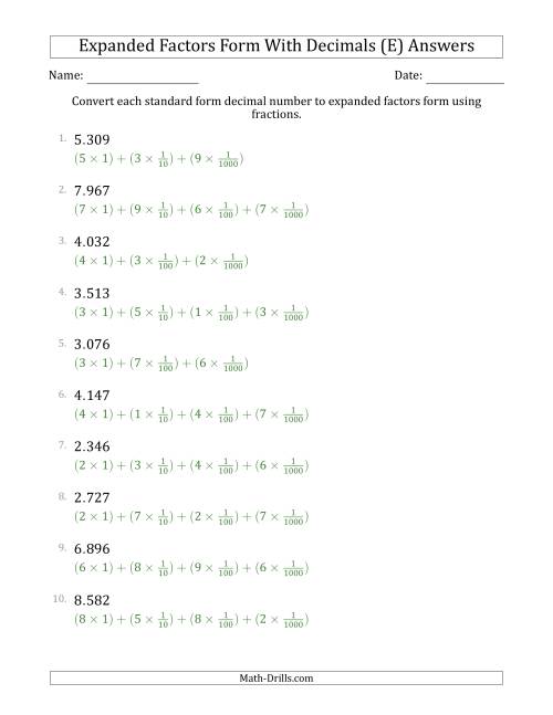 The Converting Standard Form Decimals to Expanded Factors Form Using Fractions (1-Digit Before the Decimal; 3-Digits After the Decimal) (E) Math Worksheet Page 2