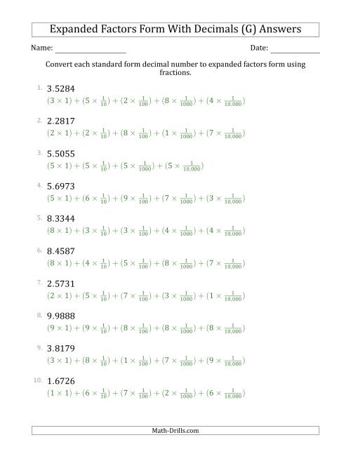 The Converting Standard Form Decimals to Expanded Factors Form Using Fractions (1-Digit Before the Decimal; 4-Digits After the Decimal) (G) Math Worksheet Page 2