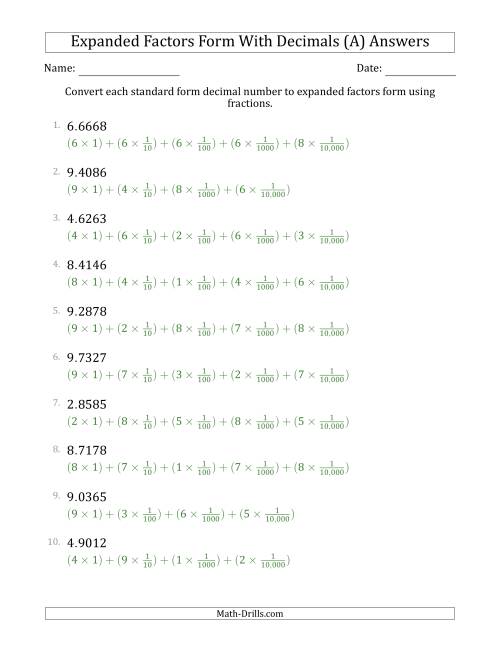 The Converting Standard Form Decimals to Expanded Factors Form Using Fractions (1-Digit Before the Decimal; 4-Digits After the Decimal) (All) Math Worksheet Page 2
