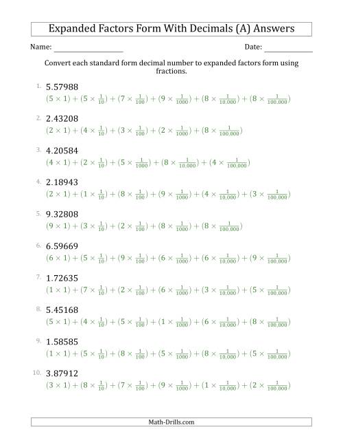 The Converting Standard Form Decimals to Expanded Factors Form Using Fractions (1-Digit Before the Decimal; 5-Digits After the Decimal) (A) Math Worksheet Page 2