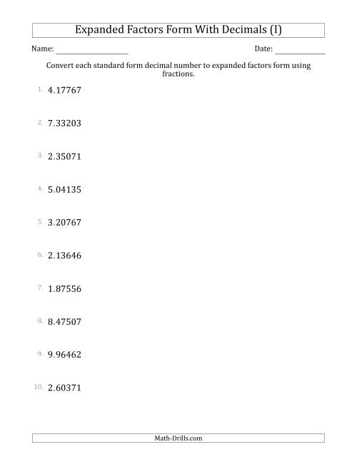The Converting Standard Form Decimals to Expanded Factors Form Using Fractions (1-Digit Before the Decimal; 5-Digits After the Decimal) (I) Math Worksheet