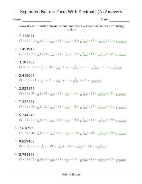 The Converting Standard Form Decimals to Expanded Factors Form Using Fractions (1-Digit Before the Decimal; 6-Digits After the Decimal) (A) Math Worksheet Page 2