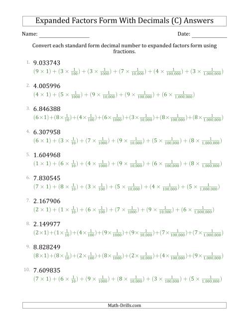 The Converting Standard Form Decimals to Expanded Factors Form Using Fractions (1-Digit Before the Decimal; 6-Digits After the Decimal) (C) Math Worksheet Page 2