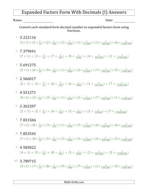 The Converting Standard Form Decimals to Expanded Factors Form Using Fractions (1-Digit Before the Decimal; 6-Digits After the Decimal) (I) Math Worksheet Page 2
