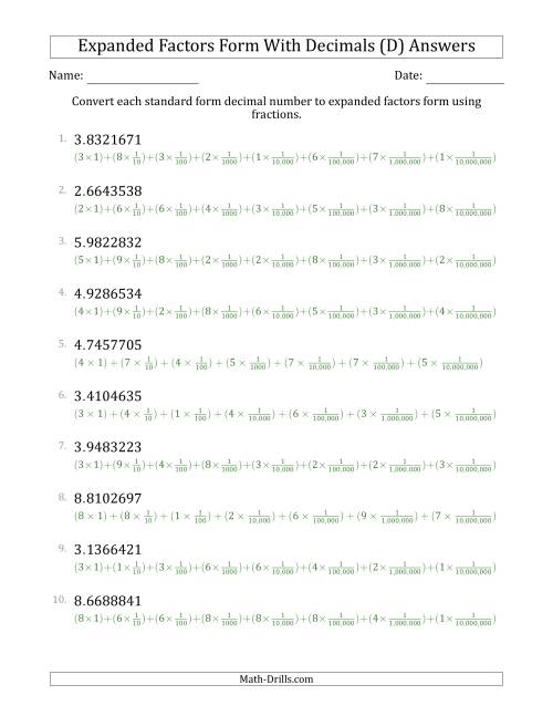 The Converting Standard Form Decimals to Expanded Factors Form Using Fractions (1-Digit Before the Decimal; 7-Digits After the Decimal) (D) Math Worksheet Page 2