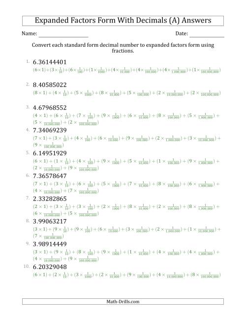 The Converting Standard Form Decimals to Expanded Factors Form Using Fractions (1-Digit Before the Decimal; 8-Digits After the Decimal) (A) Math Worksheet Page 2