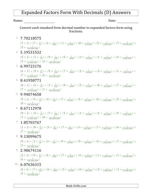 The Converting Standard Form Decimals to Expanded Factors Form Using Fractions (1-Digit Before the Decimal; 8-Digits After the Decimal) (D) Math Worksheet Page 2