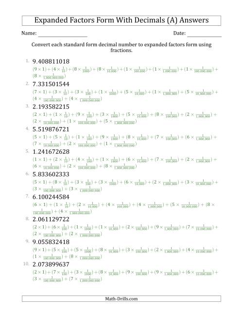 The Converting Standard Form Decimals to Expanded Factors Form Using Fractions (1-Digit Before the Decimal; 9-Digits After the Decimal) (A) Math Worksheet Page 2