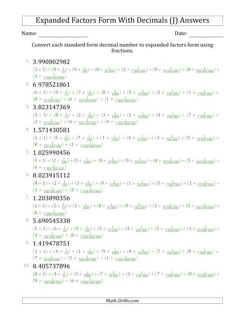 The Converting Standard Form Decimals to Expanded Factors Form Using Fractions (1-Digit Before the Decimal; 9-Digits After the Decimal) (J) Math Worksheet Page 2