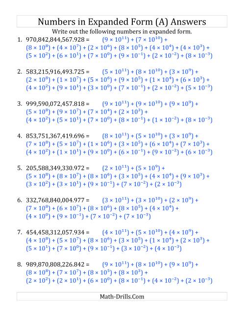 The Convert from Standard to Expanded Form (12 digits before decimal; 3 digits after) (A) Math Worksheet Page 2