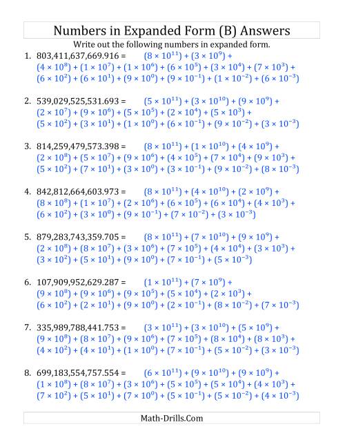 The Convert from Standard to Expanded Form (12 digits before decimal; 3 digits after) (B) Math Worksheet Page 2
