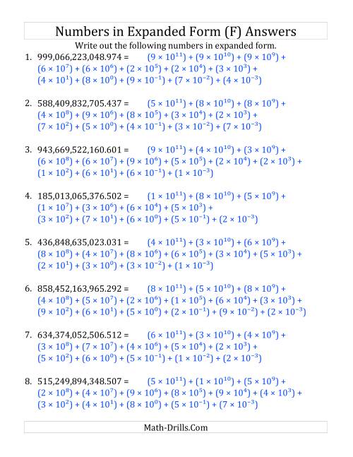 The Convert from Standard to Expanded Form (12 digits before decimal; 3 digits after) (F) Math Worksheet Page 2