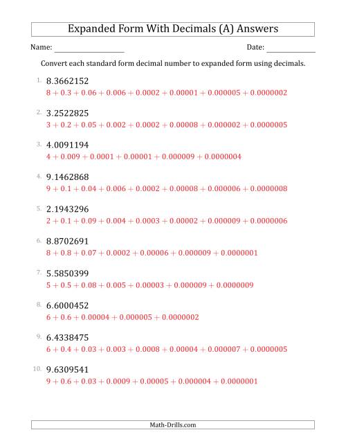 The Converting Standard Form Decimals to Expanded Form Using Decimals (1-Digit Before the Decimal; 7-Digits After the Decimal) (A) Math Worksheet Page 2