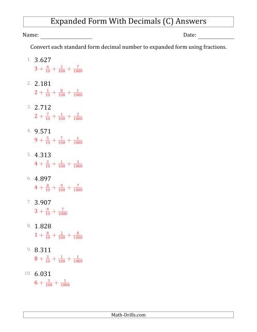 The Converting Standard Form Decimals to Expanded Form Using Fractions (1-Digit Before the Decimal; 3-Digits After the Decimal) (C) Math Worksheet Page 2