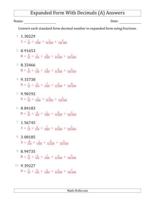 The Converting Standard Form Decimals to Expanded Form Using Fractions (1-Digit Before the Decimal; 5-Digits After the Decimal) (A) Math Worksheet Page 2
