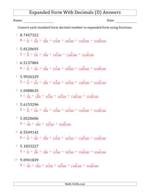 The Converting Standard Form Decimals to Expanded Form Using Fractions (1-Digit Before the Decimal; 7-Digits After the Decimal) (D) Math Worksheet Page 2