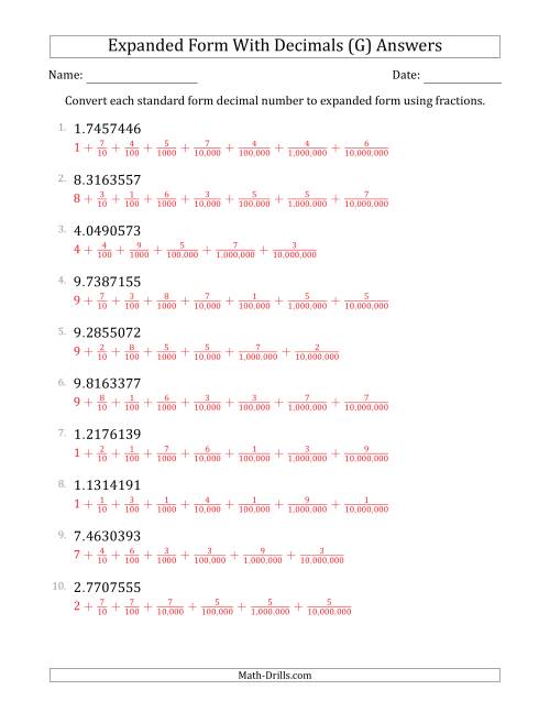 The Converting Standard Form Decimals to Expanded Form Using Fractions (1-Digit Before the Decimal; 7-Digits After the Decimal) (G) Math Worksheet Page 2