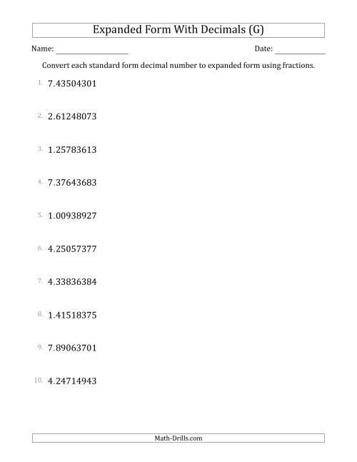 The Converting Standard Form Decimals to Expanded Form Using Fractions (1-Digit Before the Decimal; 8-Digits After the Decimal) (G) Math Worksheet