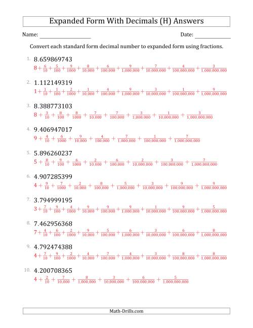 The Converting Standard Form Decimals to Expanded Form Using Fractions (1-Digit Before the Decimal; 9-Digits After the Decimal) (H) Math Worksheet Page 2