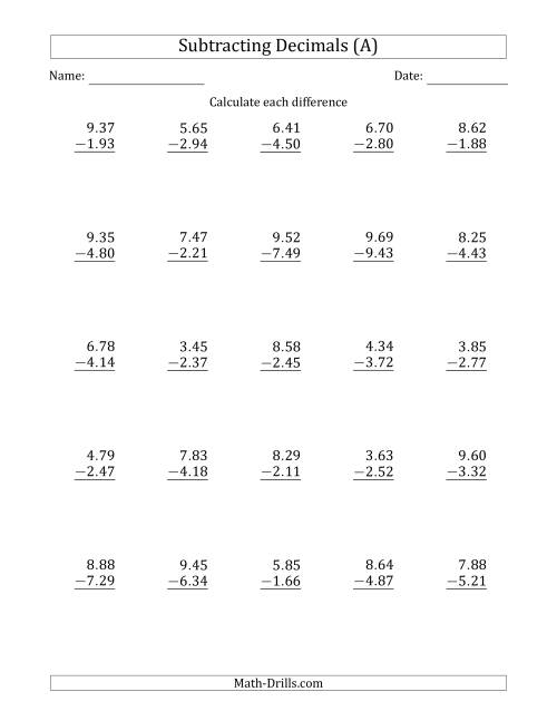 The Subtracting Decimal Hundredths With an Integer Part in the Minuend and Subtrahend (A) Math Worksheet