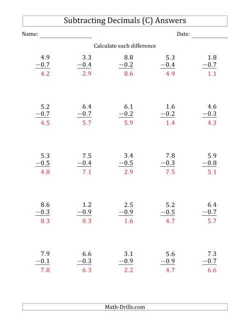 Subtracting Decimal Tenths With an Integer Part in the ...