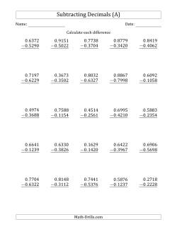 Subtracting Decimal Ten Thousandths With No Integer Part