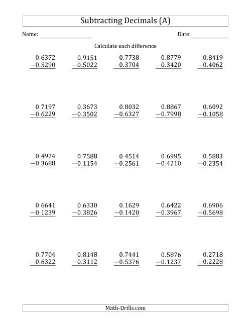 The Subtracting Decimal Ten Thousandths With No Integer Part (A) Math Worksheet